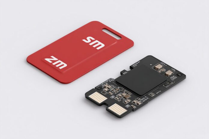 A SIM card-sized SSD next to a standard SIM card, highlighting its compact size and modern design.