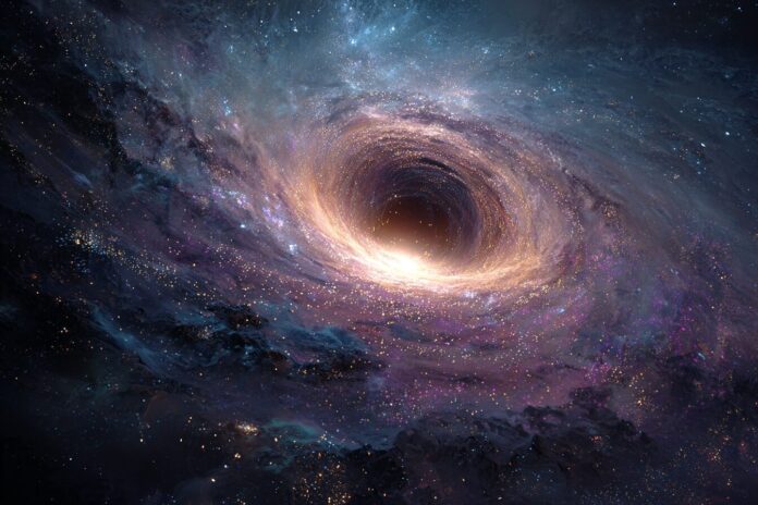 Artist's illustration of an ancient supermassive black hole at the center of a young galaxy.