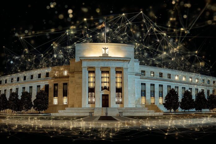 The Federal Reserve building with an overlaid digital network representing cryptocurrency connections.