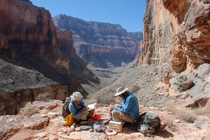 Cambridge paleontologists examining Cambrian Bright Angel shale in the Grand Canyon.
