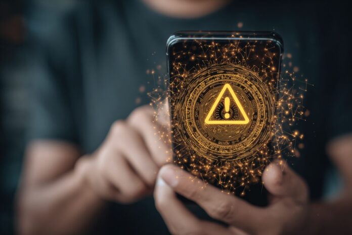 A person holding a smartphone displaying a legal warning notification overlaid on digital crypto coins, highlighting online scam dangers.