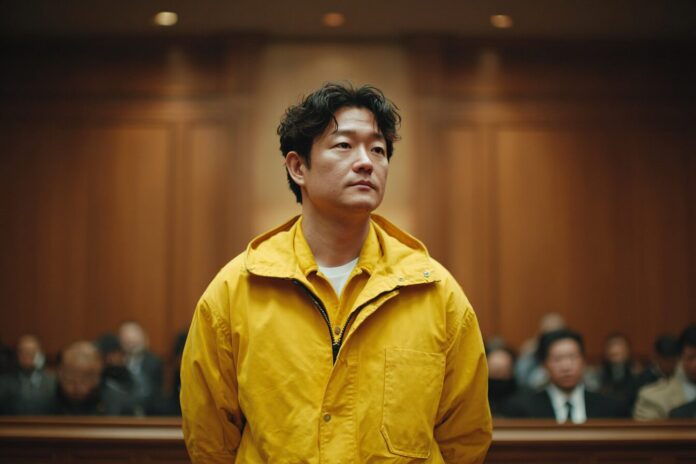 Do Kwon standing in court, wearing a yellow prison jumpsuit.