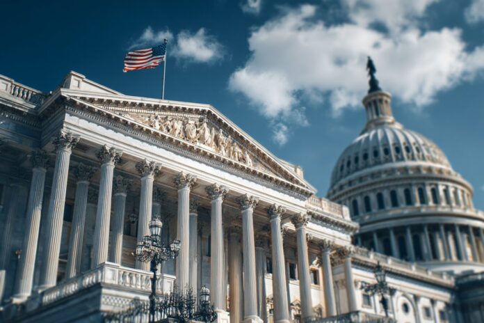 Crypto exchange building with Capitol dome in background representing legislative advocacy.