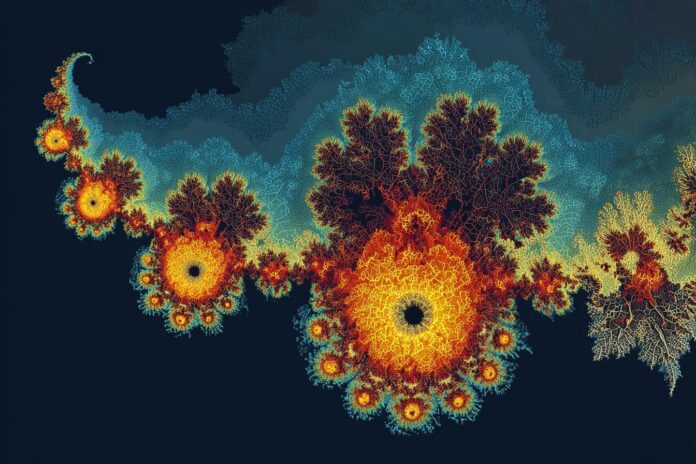 A Mandelbrot set fractal with intricate, self-repeating boundary patterns in vivid colors.