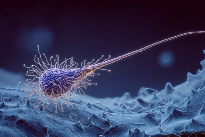 Electron microscope image of the PelV-1 giant virus showing its exceptionally long tail attached to a plankton cell.