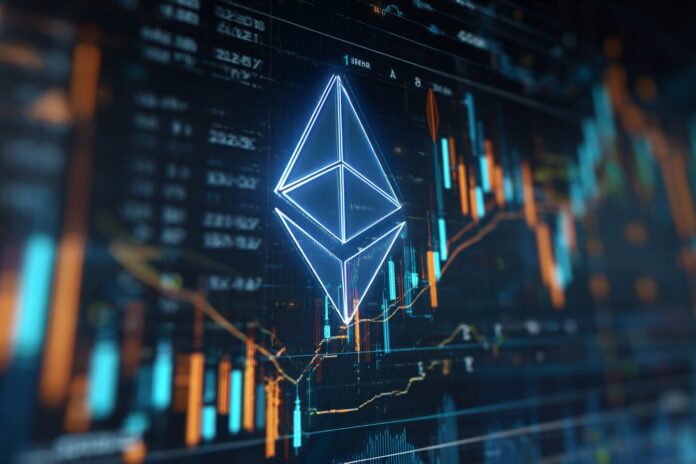 Ethereum logo overlaid on financial market data and ETF inflow arrows