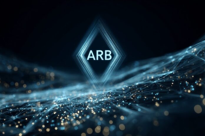 Arbitrum (ARB) logo with futuristic digital network, symbolizing price growth