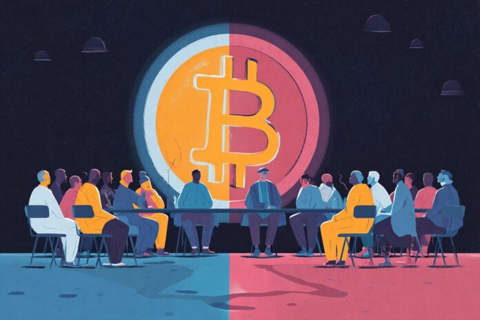 A graphic showing two groups debating over the future of Bitcoin.