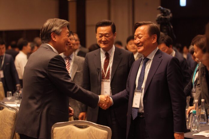 Dunamu and MB Bank representatives shaking hands at the Seoul business forum.