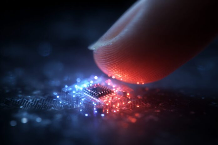 A photo-realistic rendering of a tiny silicon microchip on a fingertip, illuminated with blue and red light representing microwave energy patterns.