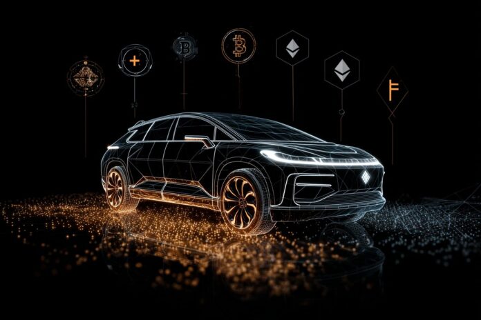 Faraday Future EV and stylized crypto icons illustrating ecosystem integration.