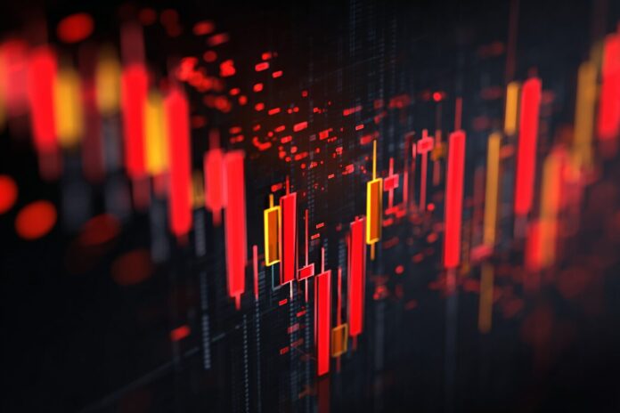 A digital visualization showing HBAR's sharp price decline represented on a candlestick chart, with red bars highlighting the liquidation cascade.