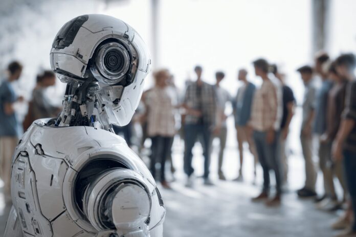 A humanoid robot facing a group of people in casual conversation, highlighting the interface between AI and human social life.