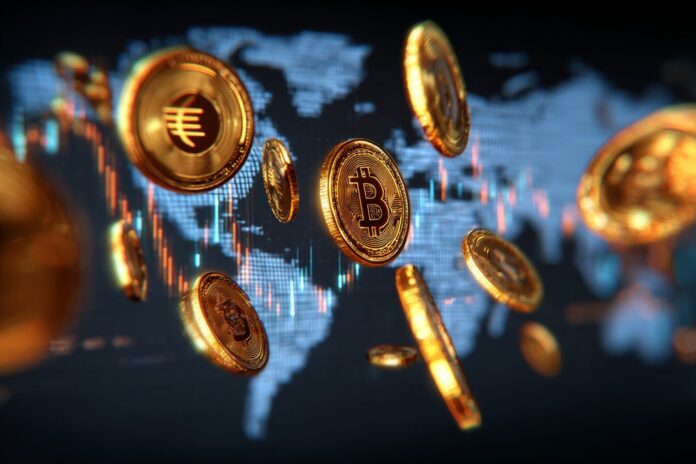 Conceptual artwork of digital currencies and AI-driven exchanges transforming global finance