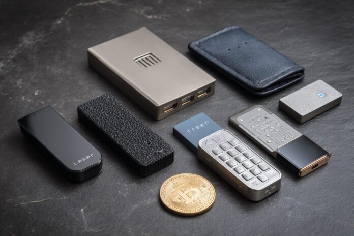 A selection of modern hardware wallets including Ledger, Trezor, and OneKey devices.