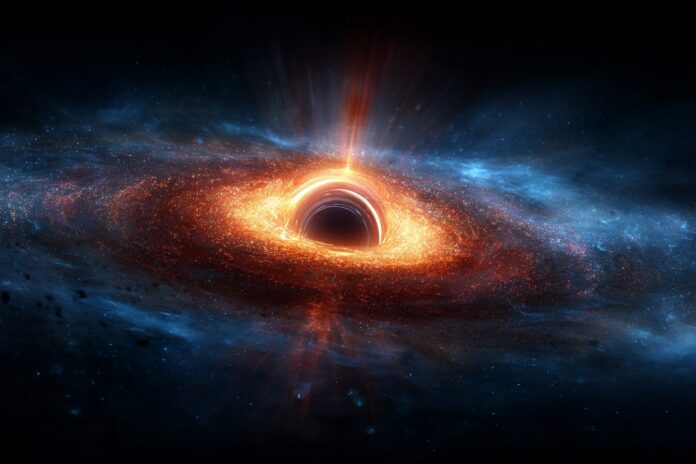 Colorful depiction of a supernova explosion near a black hole, bright shockwave expanding into space.