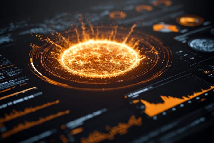 NASA Surya AI model illustrated with solar data patterns and a futuristic interface.