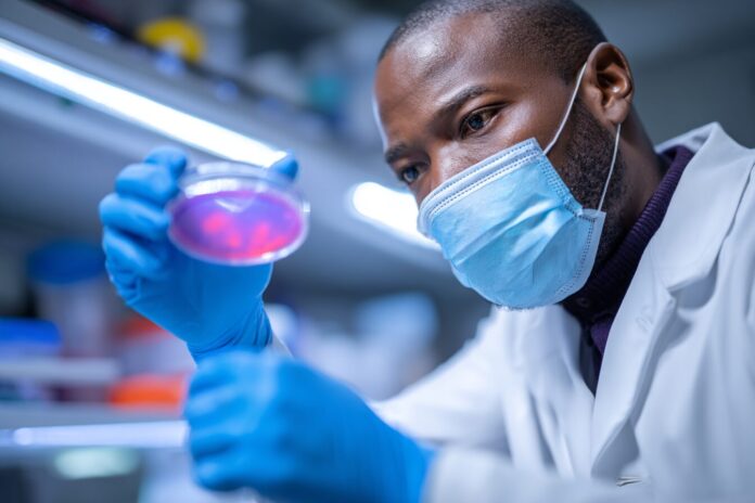 Scientist examining breast tissue samples for virus receptors in a laboratory.