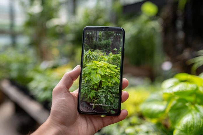 Person holding a smartphone showing Google Gemini Live AI assistant helping identify a plant