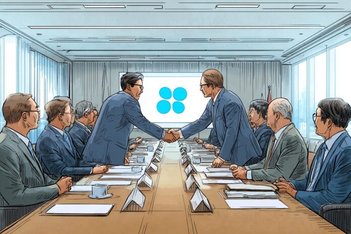 SBI and Ripple executives sign partnership agreement for RLUSD stablecoin distribution in Tokyo boardroom.