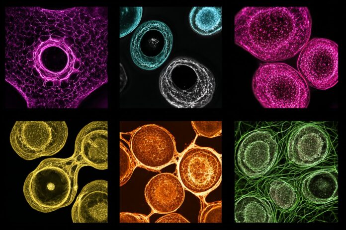 AI algorithm analyzing images of young and old cells under microscope