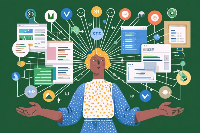 Abstract illustration of a developer contributing to the Vue.js open source ecosystem, with code, community icons, and Vue logos connecting around a central figure.