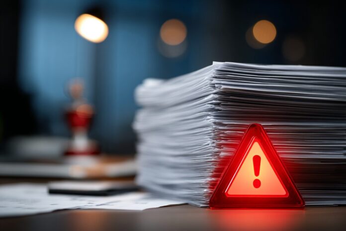 Stack of legal documents stamped invalid, a warning sign in the foreground conveying SPV risk