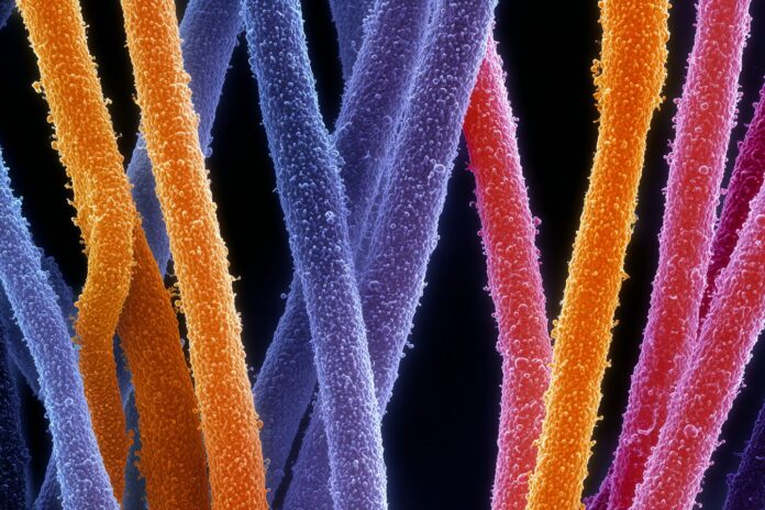 Close-up of hair strands under a microscope, highlighting protein structures.
