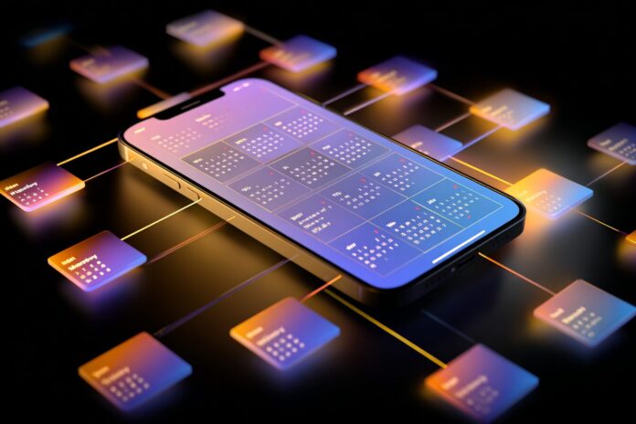Illustration of a futuristic iPhone release calendar with staggered launch dates, emphasizing Apple's new yearly strategy.