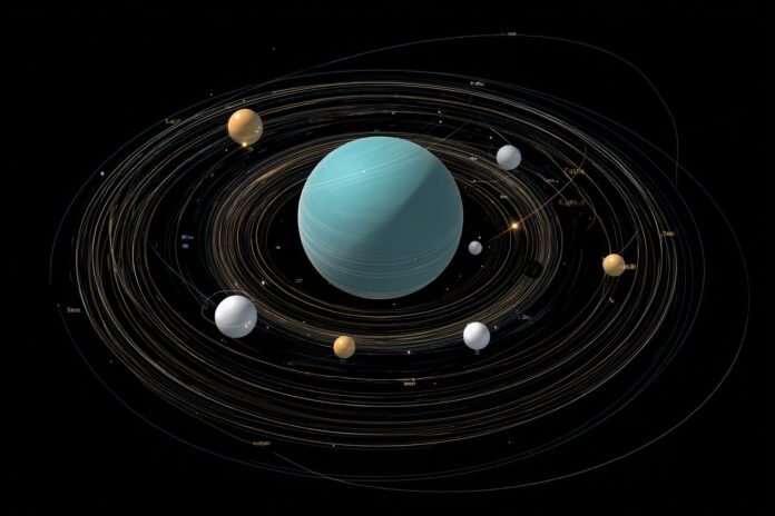 Annotated Webb Space Telescope image showing Uranus, surrounding rings, and labeled moons including S/2025 U1