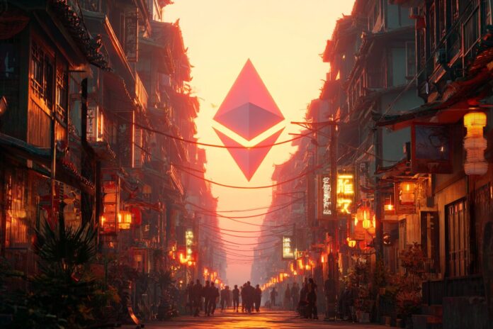 Ethereum logo glowing in lively Asian market sunrise