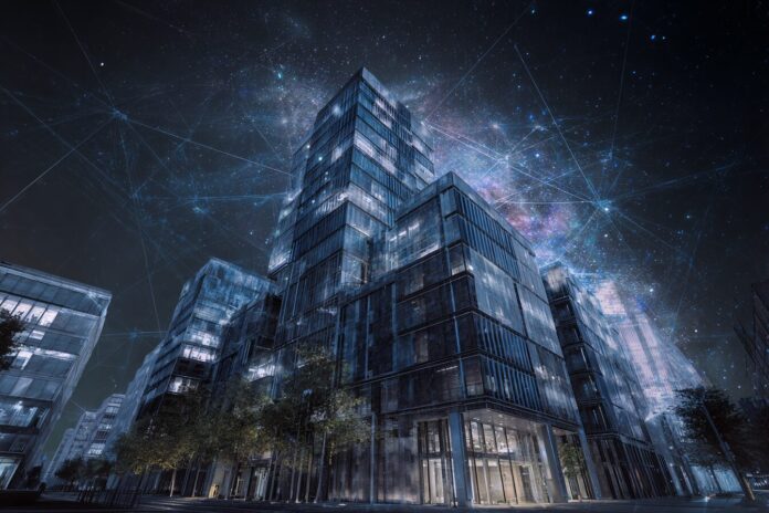 Anthropic headquarters building with AI-themed abstract overlay