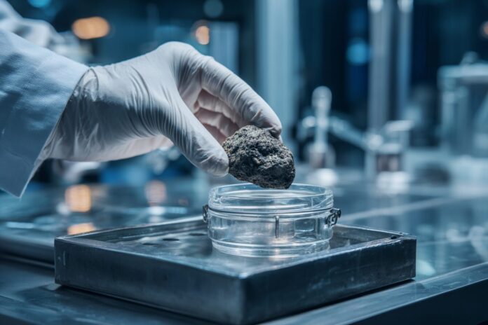 Gloved scientist opens container with asteroid Bennu sample in laboratory