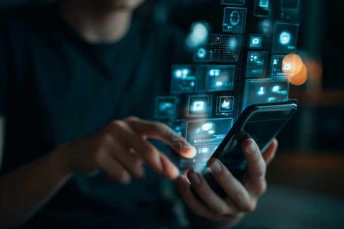 A user interacting with a personalized social media feed on their smartphone, algorithms in the background.