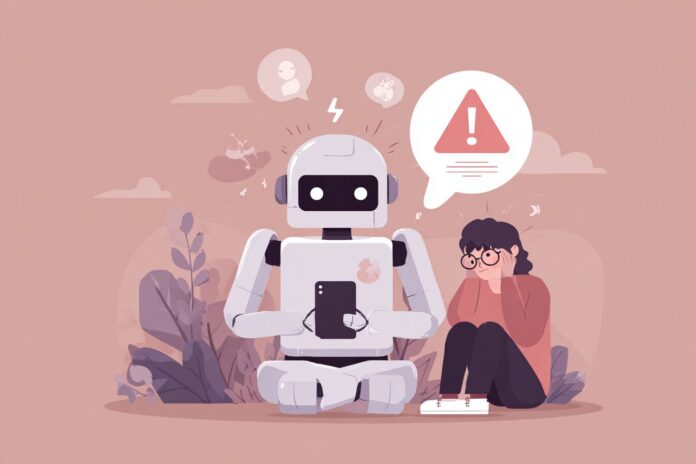 AI chatbot depicted with a user and warning icons, illustrating mental health concerns
