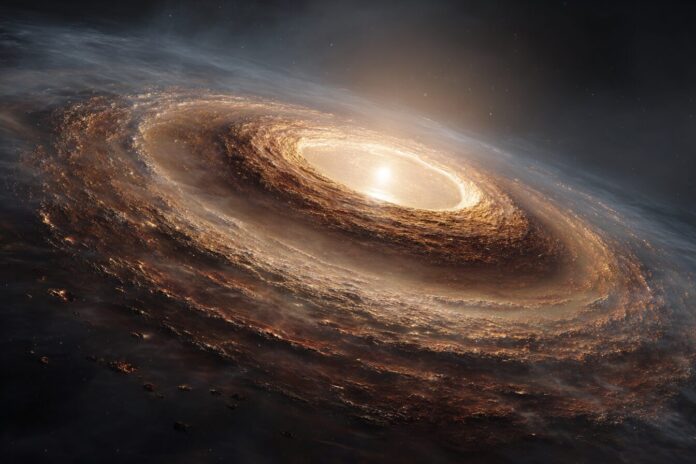 Illustration of a newborn planet surrounded by a swirling disk of gas and dust, shaping spiral arms.