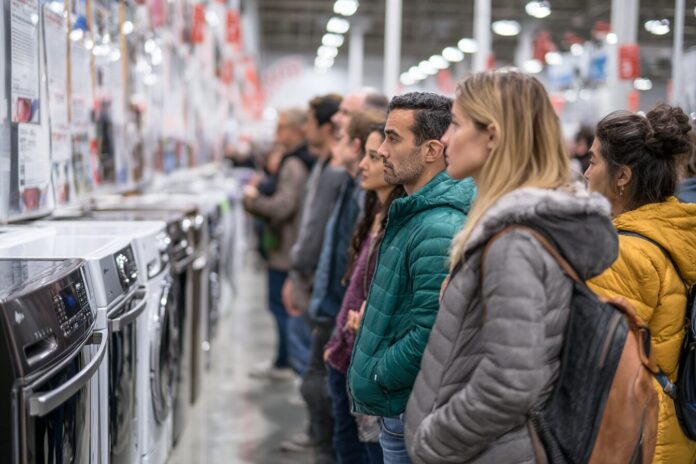 A group of Costco shoppers browsing large appliances during a holiday sale event