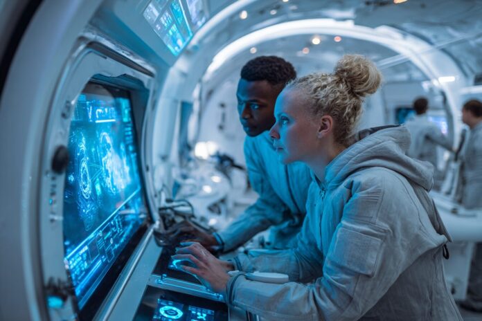 Astronauts interacting with an artificial intelligence interface inside a space habitat simulator.