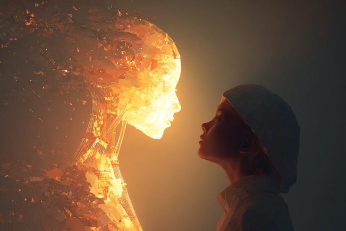 A digital illustration representing an AI assistant, glowing warmly, as a person looks at it thoughtfully.