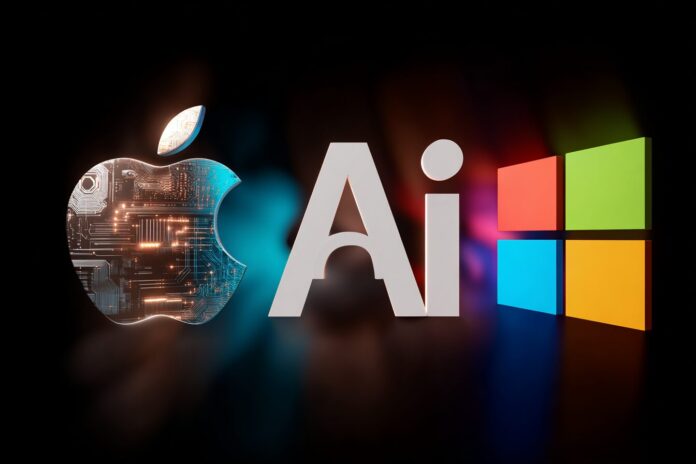 Collage of Apple, Google, Microsoft, and Samsung logos with 'AI' text overlayed.