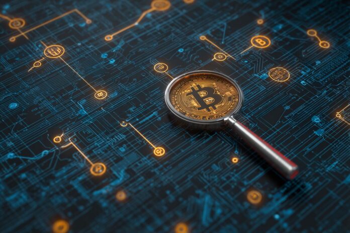 A conceptual illustration of blockchain analysis tracing Bitcoin transactions, symbolizing digital forensics.