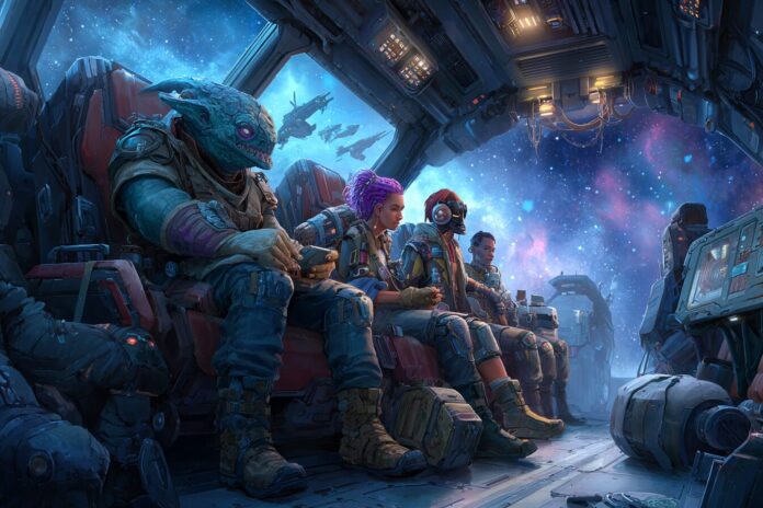 Starfinder: Afterlight game art of a ragtag spaceship crew in deep space