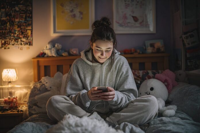 A teenage girl chatting with an AI chatbot on her smartphone in her bedroom.