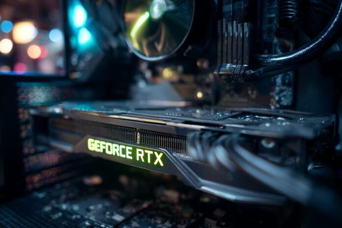 NVIDIA GeForce RTX graphics card installed in a gaming PC case