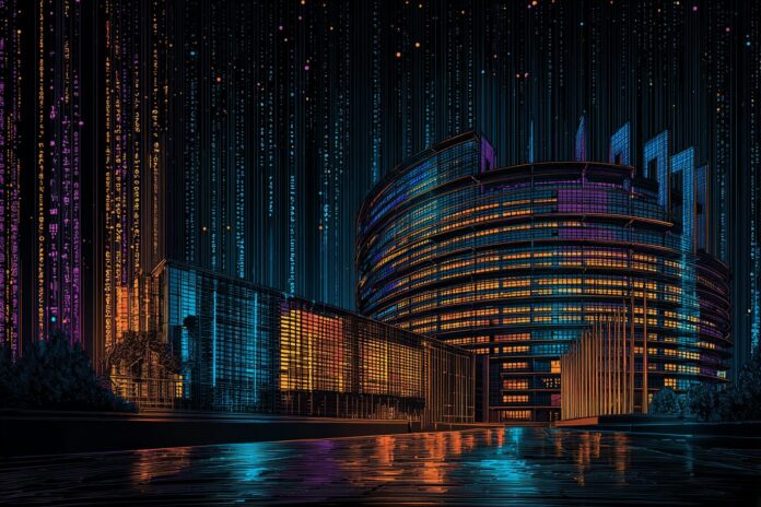 An illustration of the EU Parliament building illuminated by digital code patterns representing AI technology.