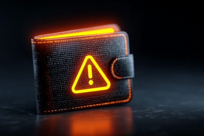 Abstract image showing a digital wallet and warning symbol representing online crypto scams