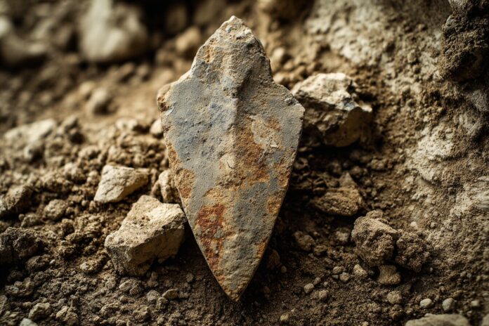 A stone tool artifact from Calio, Sulawesi, dated over 1 million years old, depicted against excavation soil.