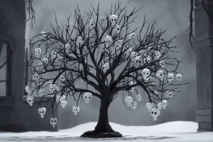 Stylized gothic tree with skull-shaped branches in black-and-white stop-motion animation style, evoking Tim Burton's iconic visuals.