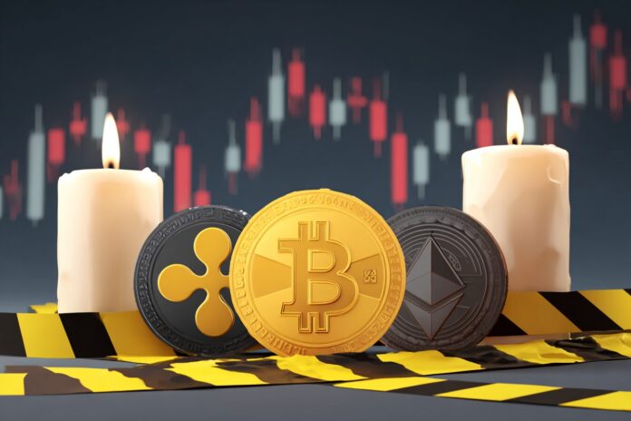 Illustration of XRP, Bitcoin, and Ethereum logos with candlestick charts and caution tape.