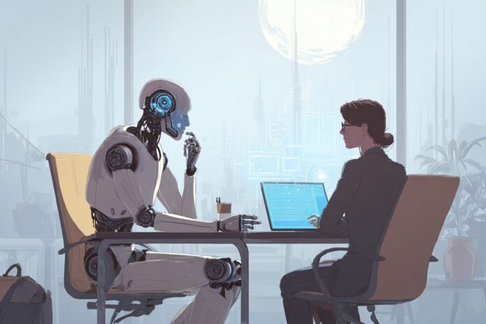 AI agent collaborating with a professional in a futuristic office setting.